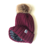 Dark red satin-lined beanie winter hat toque
