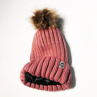 Dark pink satin-lined beanie winter hat toque